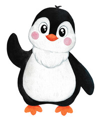 Cute baby penguin in a cartoon style. Watercolor illustration. Suitable for children's parties, postcards, etc.