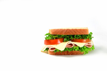 healthy breakfast sandwich with cheese and ham on a white background