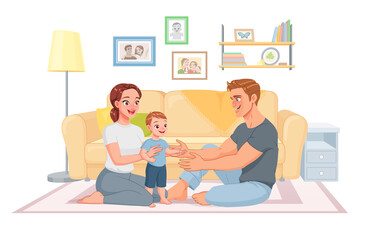 Happy young family at home. Cartoon vector illustration.