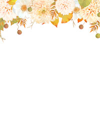 Naklejka na ściany i meble 秋色の花とつぼみがある植物のレトロモダンなかわいい白バック秋フレームイラスト素材