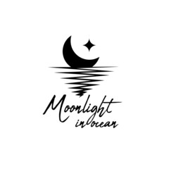 Silhouette of Moon with Star, Moonlight Scenery logo design on the Sea or the Beach at Night. Moonrise Landscape in Ocean Midnight logo design