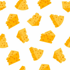 Cheese pattern. Seamless texture of organic sour milk food. Cartoon dairy products yellow pieces with holes. Natural Maasdam slices. Gourmet snack. Vector decorative print template
