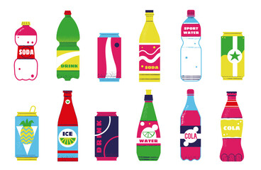 Soda bottles. Cartoon fizzy sweet drinks with juice flavors in glass and plastic containers. Metal cans for cold carbonated beverages. Supermarket products. Vector closed packaging set