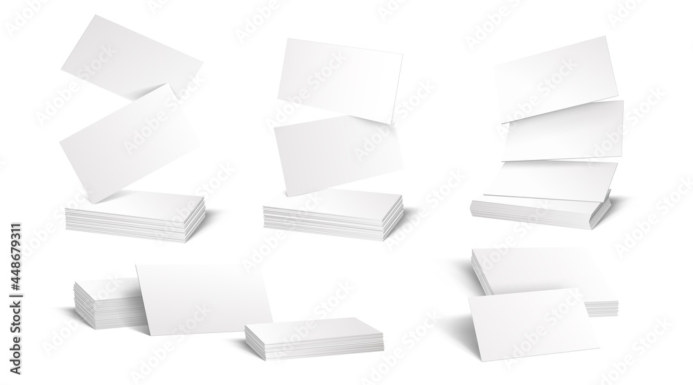 Aufkleber business card mockup. realistic blank white corporate identity paper sheets. notes flying and lying 