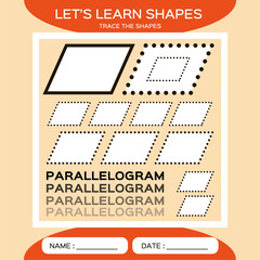 Parallelogram. Basic geometric shapes. Elements for children. Learn Shapes. Handwriting practice. Trace and write. Educational children game. Kids activity printable sheet. Orange Background.