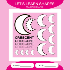 Crescent. Basic geometric shapes. Elements for children. Learn Shapes. Handwriting practice. Trace and write. Educational children game. Kids activity printable sheet. Pink Background.