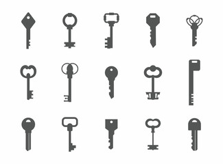 Key silhouettes. Antique and modern graphic template for logo design. House safety concept. Gray latchkey signs set. Decorative secret symbols. Home security. Vector door access icons