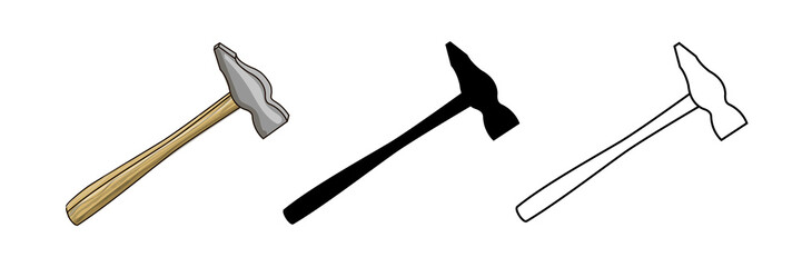 A set of three tools for the carpenter - three small hammers in cartoon style, outline and black silhouette. Stock vector illustration isolated on white background.