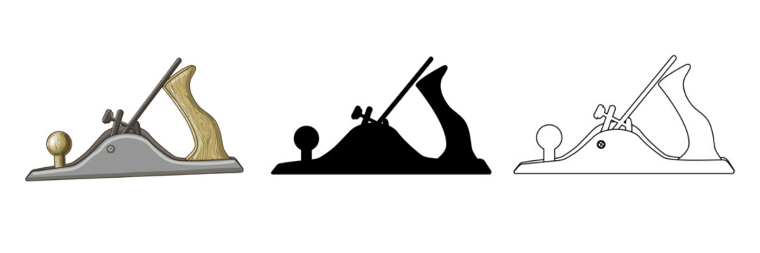 A set of three carpenter tools - three cartoon style hand planers, outline and black silhouette. Stock vector illustration isolated on a white background.