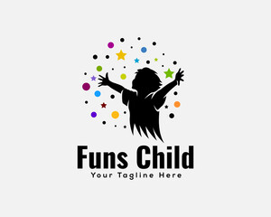 child happy fun enjoy celebration reaching star silhouette black white logo design illustration inspiration