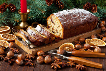 Christmas still life with raisins cake