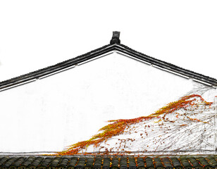  Red creeper climbing on white wall of traditional Chinese building in autumn