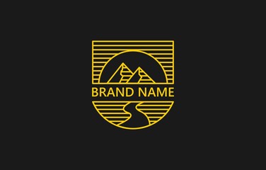 Badge River and Mountain Line Art Vintage Logo Design Logo Template