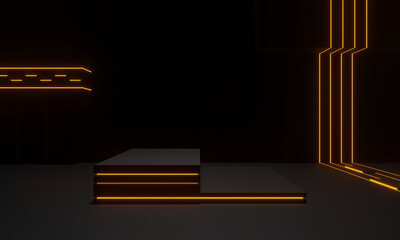 3D black geometric stage with golden neon lights