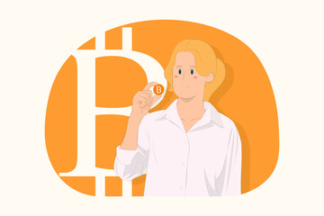 Cheerful young business woman hold bitcoin, future currency concept