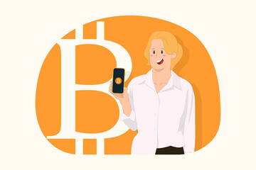 Young business woman holding mobile phone with digital currency, bitcoin screen concept
