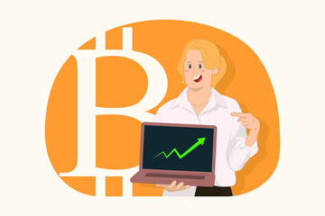 Young business woman pointing index finger on laptop pc computer digital currency, bitcoin concept