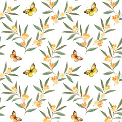 Seamless pattern with watercolor butterflies and flowering twigs on a white background for use in design, textiles, wallpaper, wrapping paper, stationery, fashion