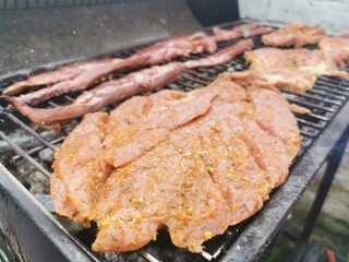 Seasoned raw meat on a barbeque grill.