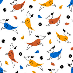seamless pattern with dogs playing ball. vector autumn background with funny animals for printing on children's clothing, textiles, stationery and wrapping paper