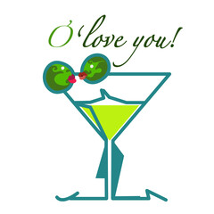 Two olives being romantic in a martini