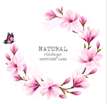 Natural Vintage Greeting Card With Pink Magnolia Vector