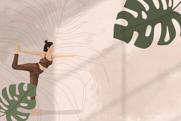 Monstera Leaf Border Background With Yoga Health Wellness Illustration