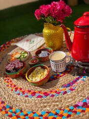 still life with tea and flowers