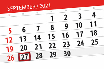 Calendar planner for the month september 2021, deadline day, 27, monday
