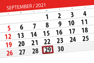 Calendar planner for the month september 2021, deadline day, 29, wednesday