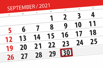 Calendar planner for the month september 2021, deadline day, 30, thursday