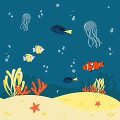 The sea floor, seaweed and animals. Vector illustration.