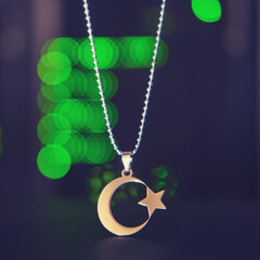 High tech and islamic religious symbol on bokeh background from lamps of server equipment