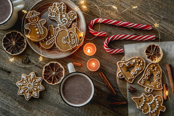 Festive gingerbread beside christmas decorations