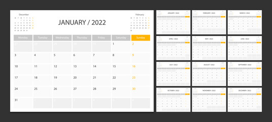 Calendar 2022 week start Sunday corporate design planner template.	
