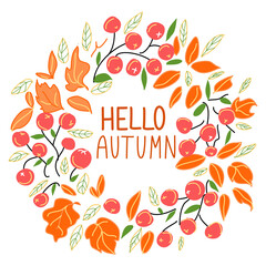 A square banner with the inscription hello autumn and a wreath of leaves.