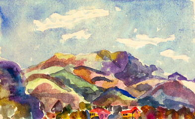 Fototapeta na wymiar Fun Himalayas. Watercolour Korea Print.