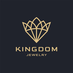 Crown Jewelry kingdom line outline luxury logo design isolated on black background
