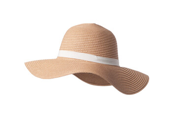 Vintage Panama hat, Womens summer yellow straw hat with the white ribbon on white background. - obrazy, fototapety, plakaty