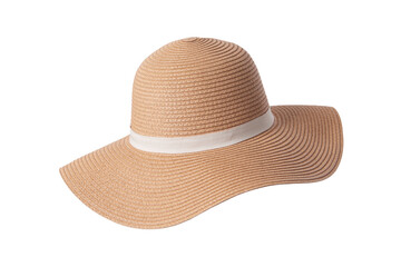 Vintage Panama hat, Womens summer yellow straw hat with the white ribbon on white background. - Powered by Adobe
