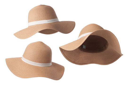 Vintage Panama hat, Womens summer yellow straw hat with the white ribbon on white background.