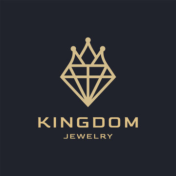 Crown Jewelry kingdom line outline luxury logo design isolated on black background