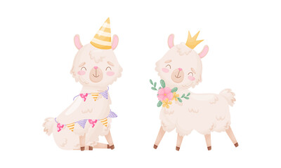 Obraz na płótnie Canvas Cute Llama or Alpaca Wearing Birthday Hat and Golden Crown Vector Set