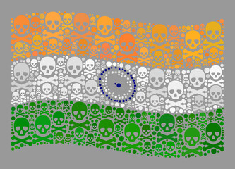 Mosaic waving India flag designed of death items. Mortal vector waving mosaic India flag combined for caution purposes. Designed for political and patriotic collages.