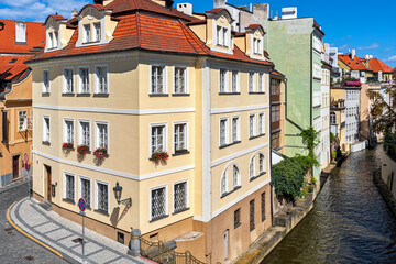 Old houses along Certovka river in Prague, Czech Republic.