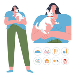 A girl stands with a small dog in her arms. Flat vector illustration