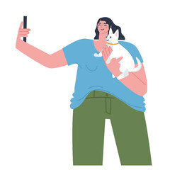 A girl takes selfies on her phone with a small white dog in her arms. Fashionable flat vector illustration
