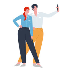 Man and girl in office style making photo video on phone. Flat vector illustration.