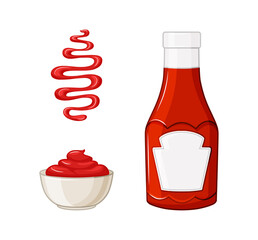 Ketchup in a bottle, a stain, sauce in a bowl set on a white isolated background. Vector illustration in the cartoon style