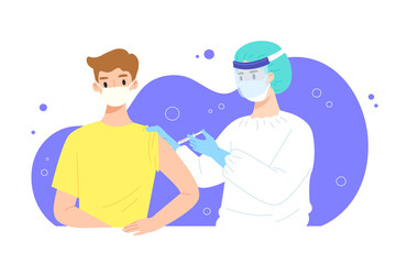 Young man get injected COVID-19 vaccine by doctor in protective suit. Concept of coronavirus vaccination, getting first shot, herd immunity, immunization against virus. Flat vector illustration.